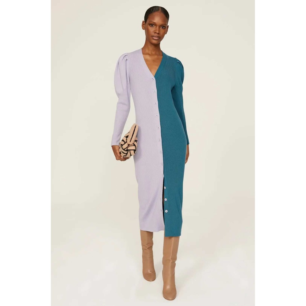 Busayo Rib Sweater Dress Colorblock Wool Button‎ Front Maxi Teal Violet Sz S